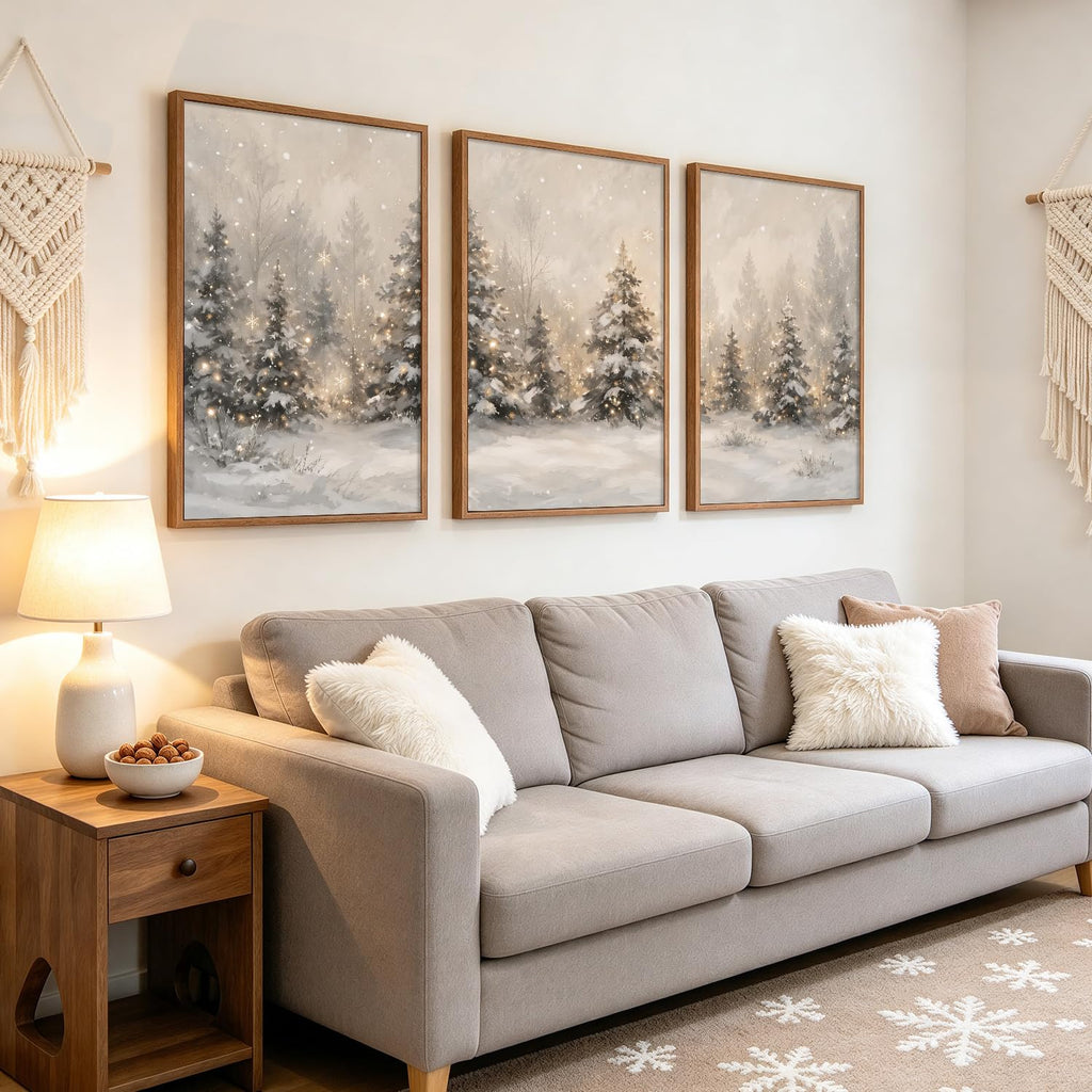 Large Framed Winter scene Forest Wall Art, Neutral Snowy Tree Prints