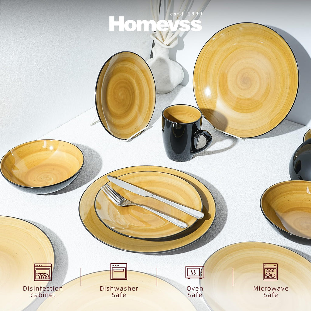 Sonoma 16 Piece Stoneware Dinner Set, Outside Black + Inside Handpainted Color Yellow with speckle
