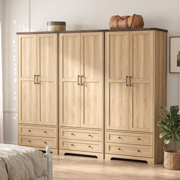 Wooden Armoire Wardrobe Closet with Drawers, Natural, Set of 3