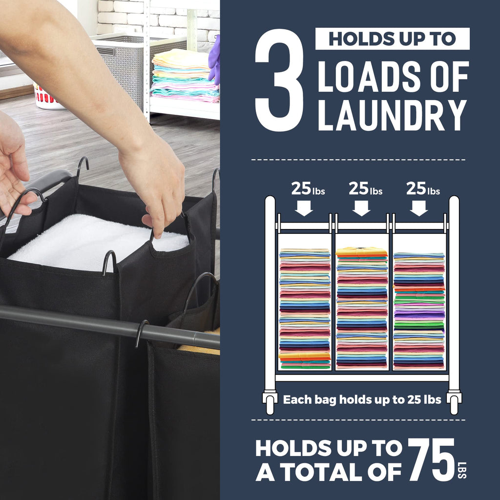 Laundry Sorter 3 Section, 3 Bag Clothes Hamper, Rolling Laundry Cart Basket with Heavy Duty Lockable Wheels and