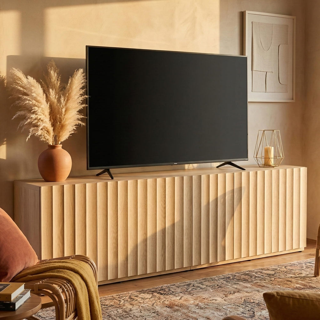 93.92" TV Stand, Modular Fluted Mid Century Modern, Light Oak
