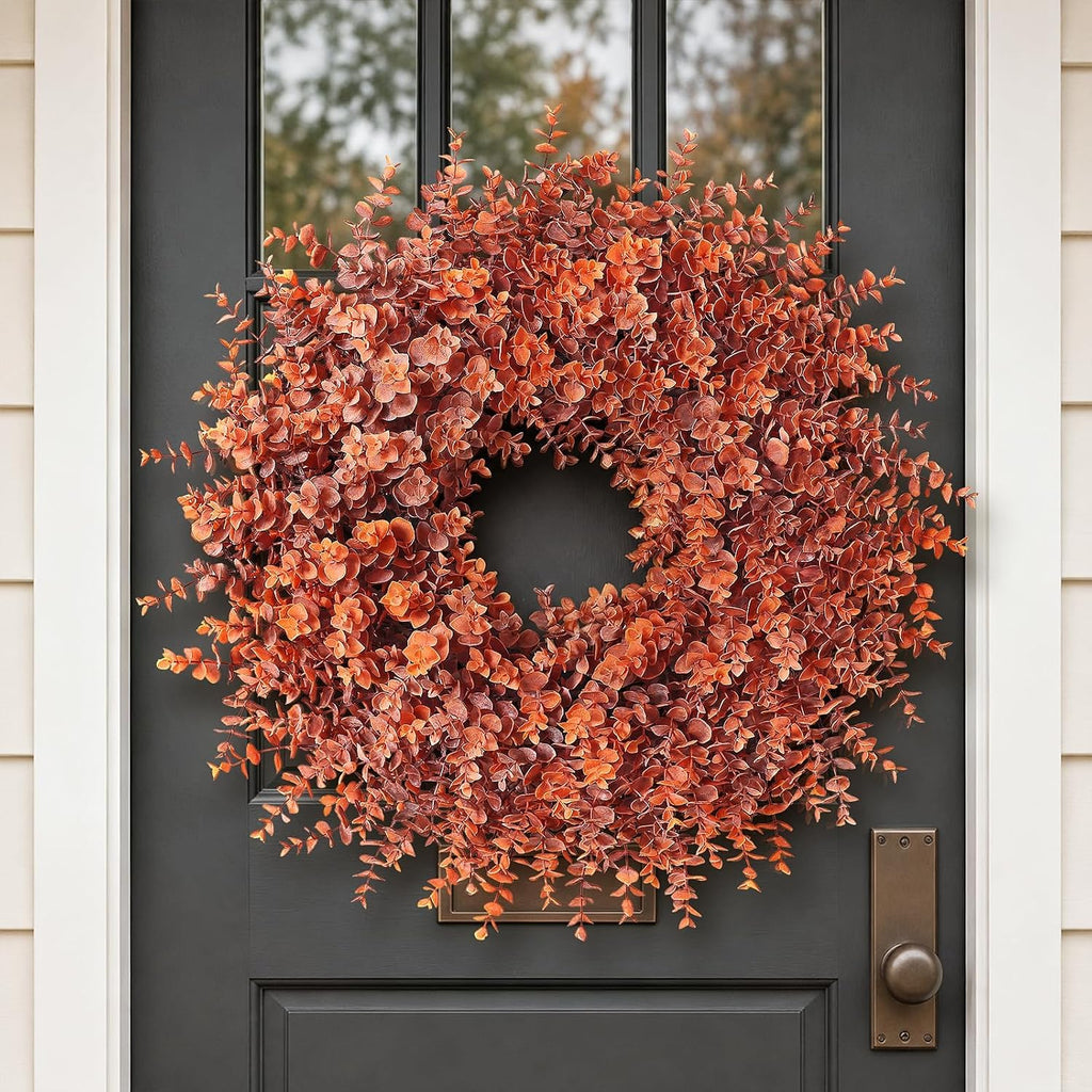 26" Artificial Fall Eucalyptus Wreath for Front Door Decoration (Orange)