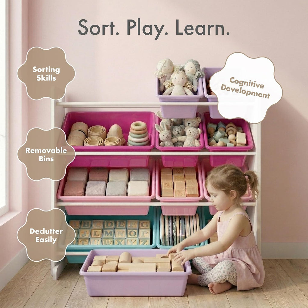 Kids Toy Organizer with 12 Bins, 4 Tier Storage | Sturdy wood and steel toddler shelf, removable BPA-free containers
