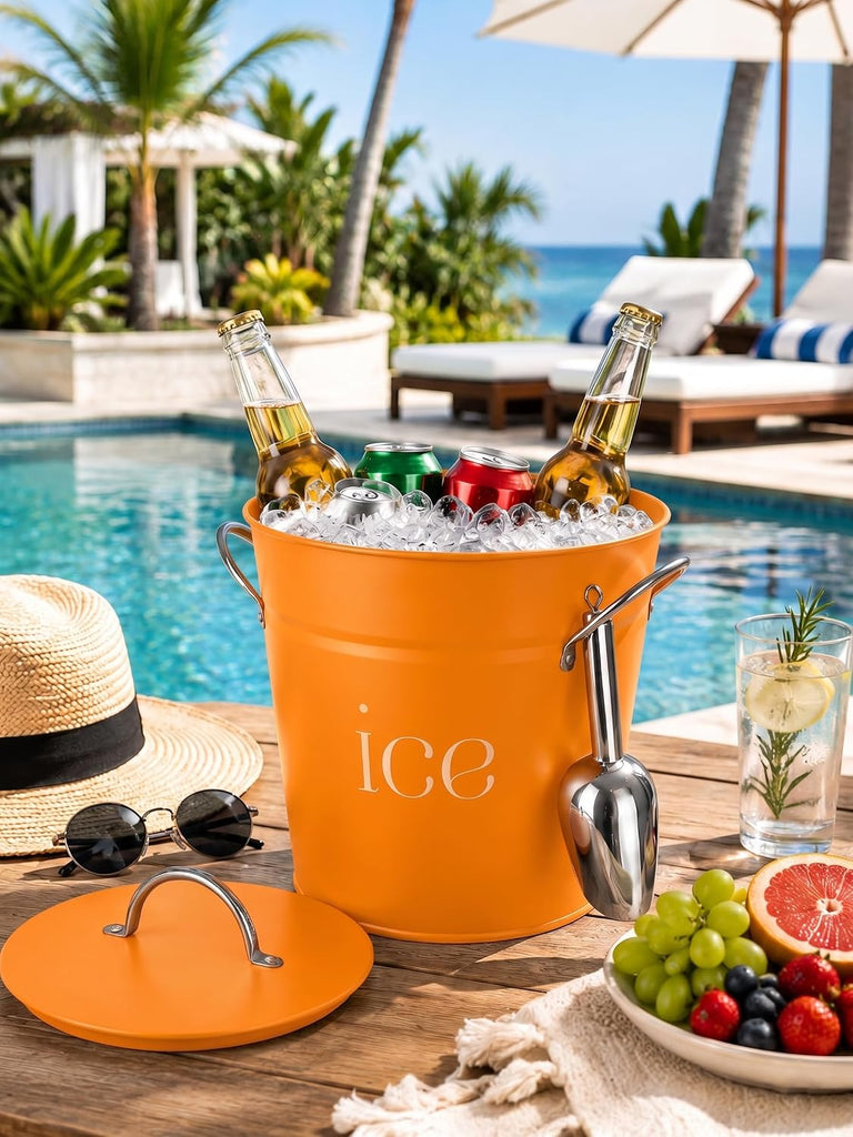 3 Qt Orange Galvanized Ice Bucket with Lid, Scoop and Handles, Insulated