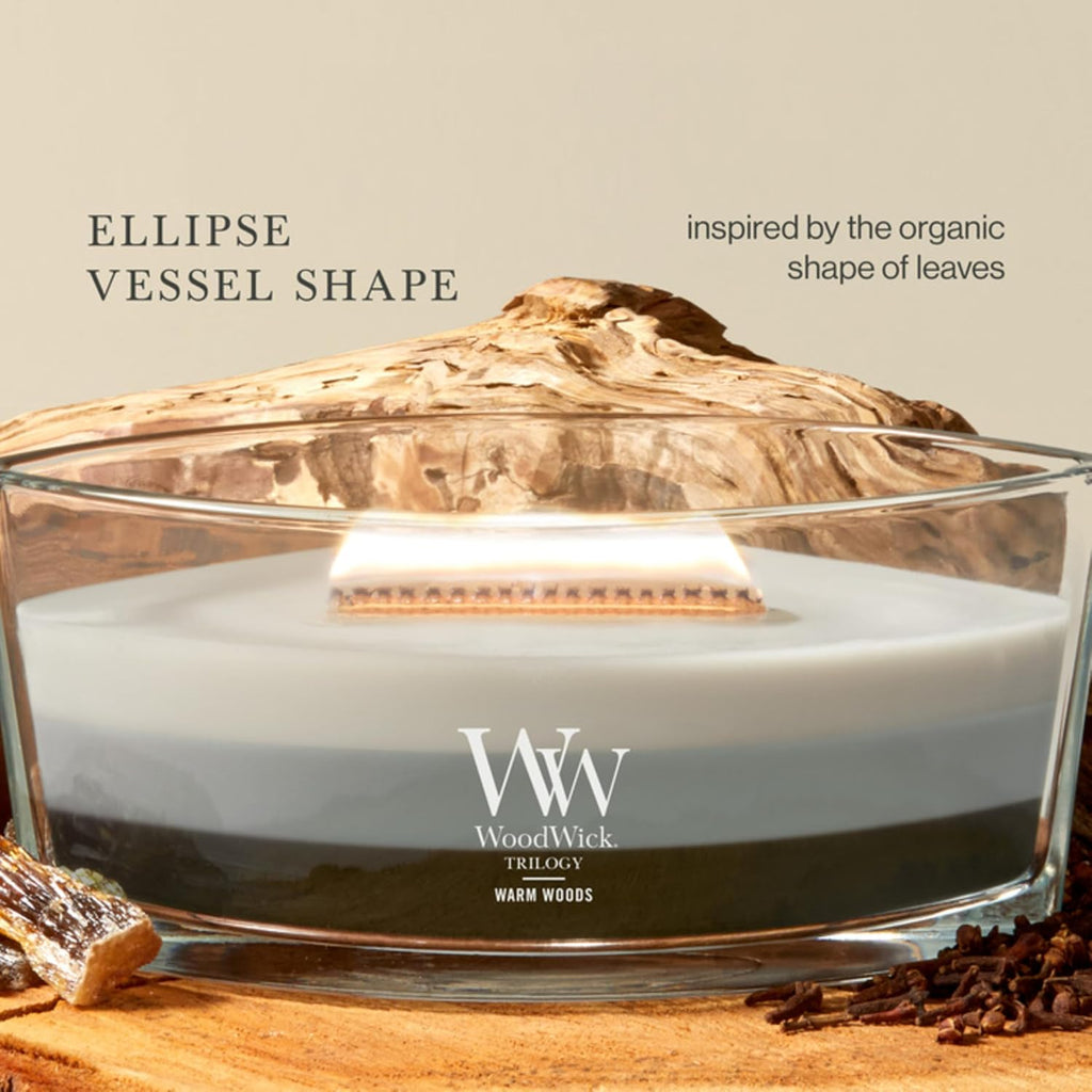 Warm Woods Trilogy Holiday Candle Gifts for Women and Men, 16 oz Ellipse Trilogy Candle with Crackling Wick