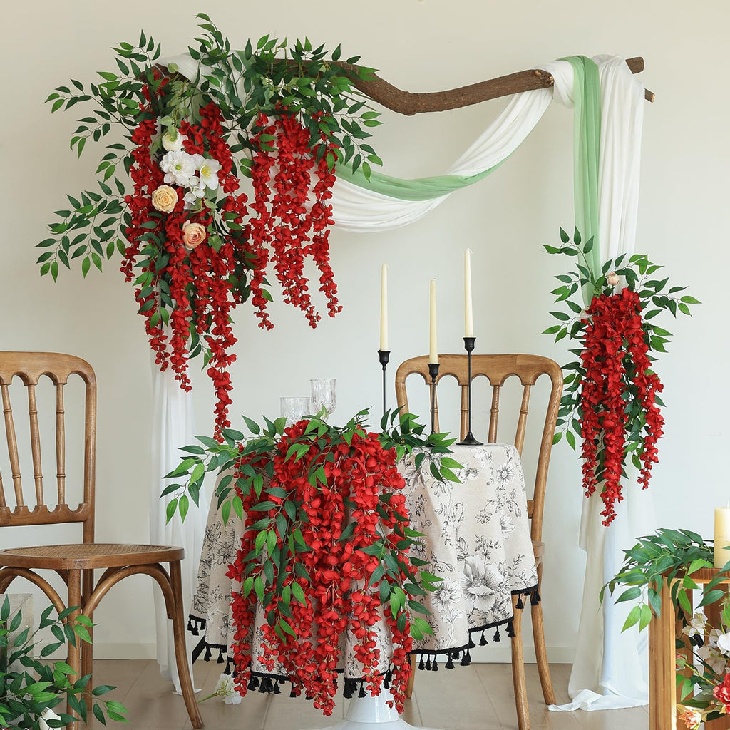 6Pcs Red Wisteria Hanging Flowers 48" Silk Wisteria Artificial Flowers Garland Vines Fake Hanging Flowers Decoration