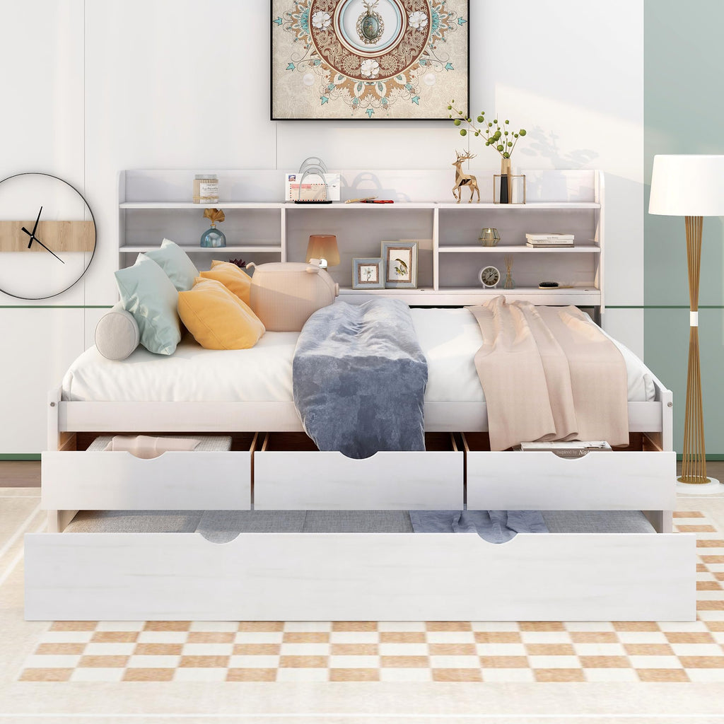 Full Size Daybed, Wooden Captain Bed with Built-in Bookshelves, Full Daybed with 3 Storage Drawers and Trundle, White