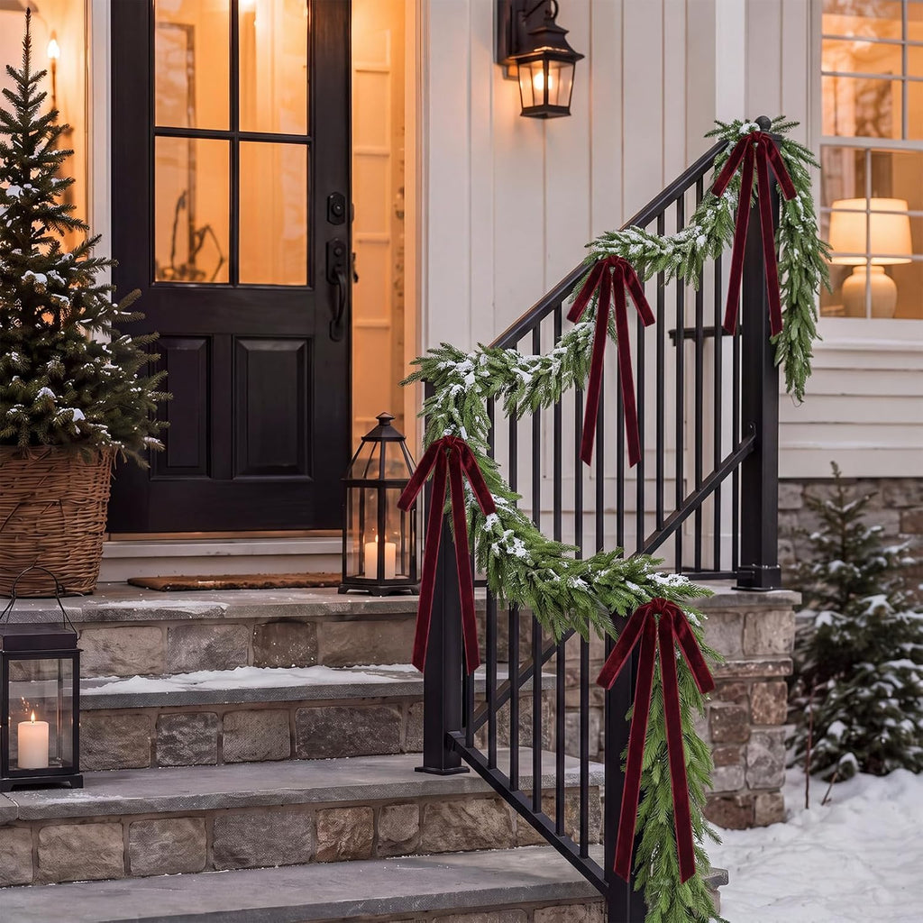 15ft Christmas Garland for Stair with 4 Velvet Bows, Norfolk Pine