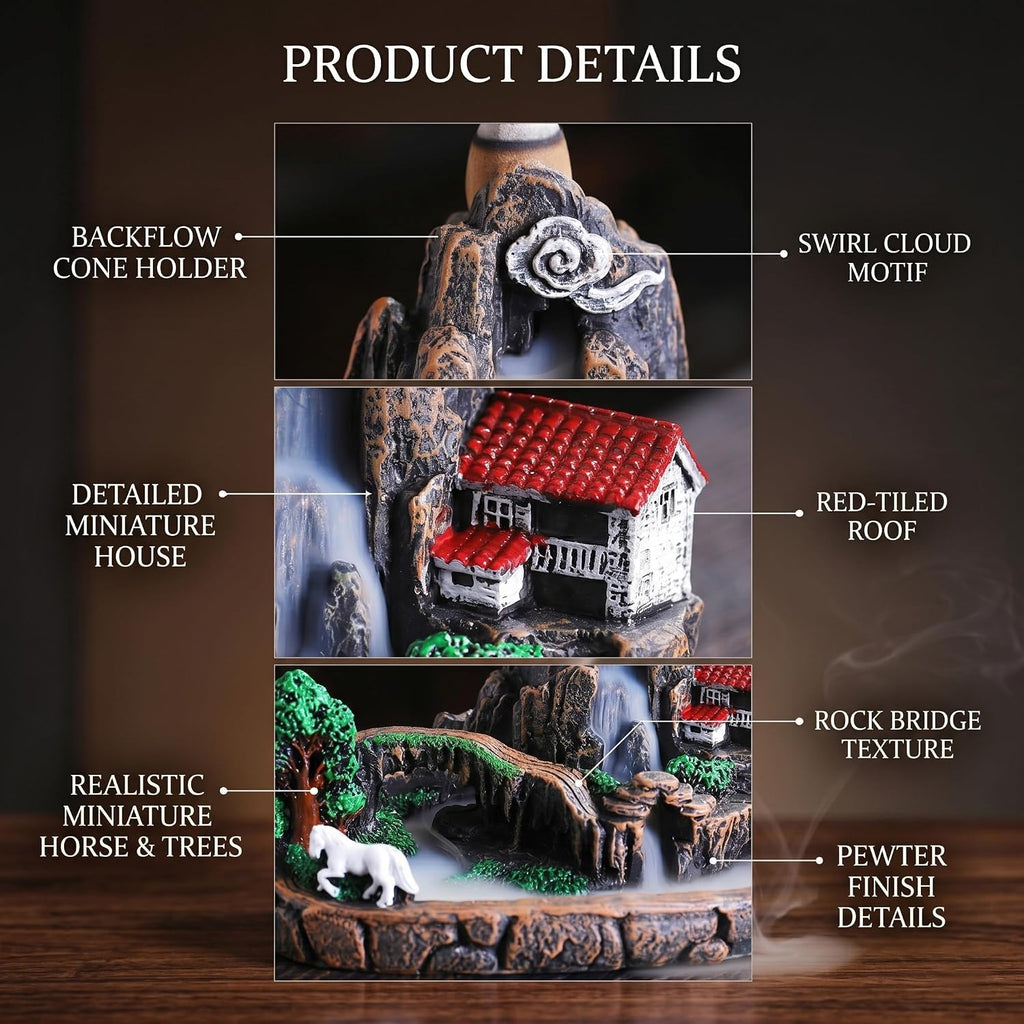 Mountain Waterfall Incense Burner, Resin Backflow Incense Holder with 60 Upgraded Incense Cones, Incense Waterfalls