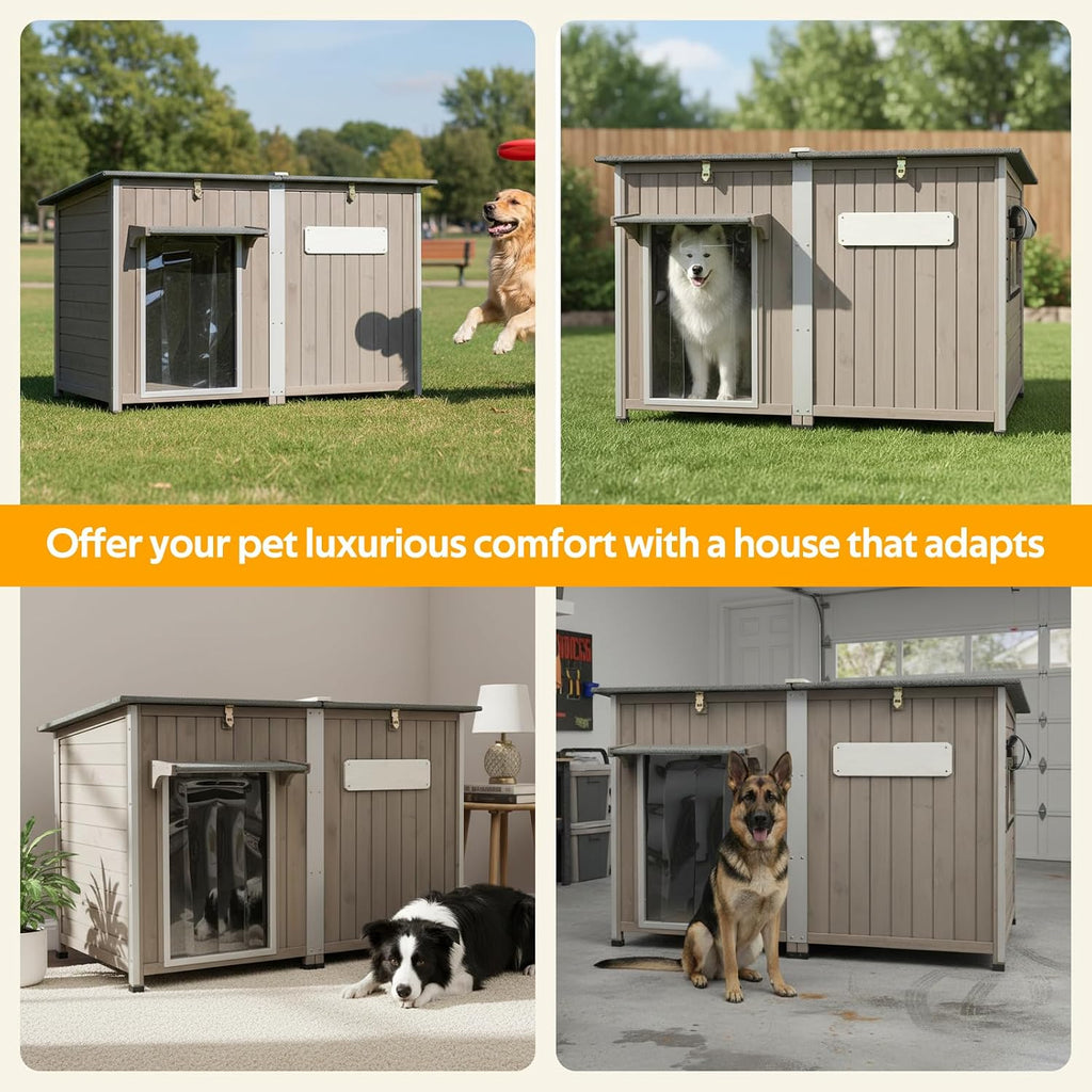55"L Dog House Outdoor Large Breed Extra XL Wooden Dog House with Weatherproof Asphalt Roof, All-Around Iron Frame