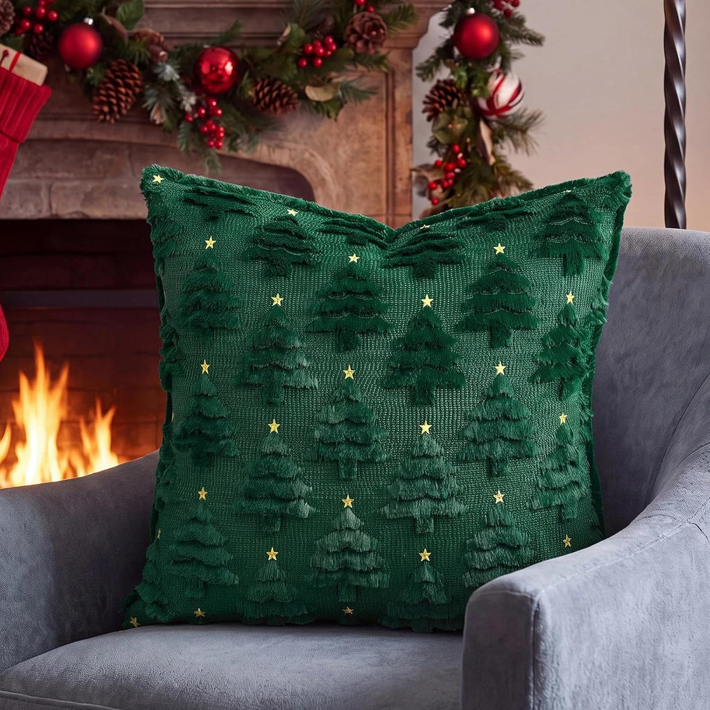 Christmas Pillow Covers 18x18, Green Xmas Tree Decor - Set of 2