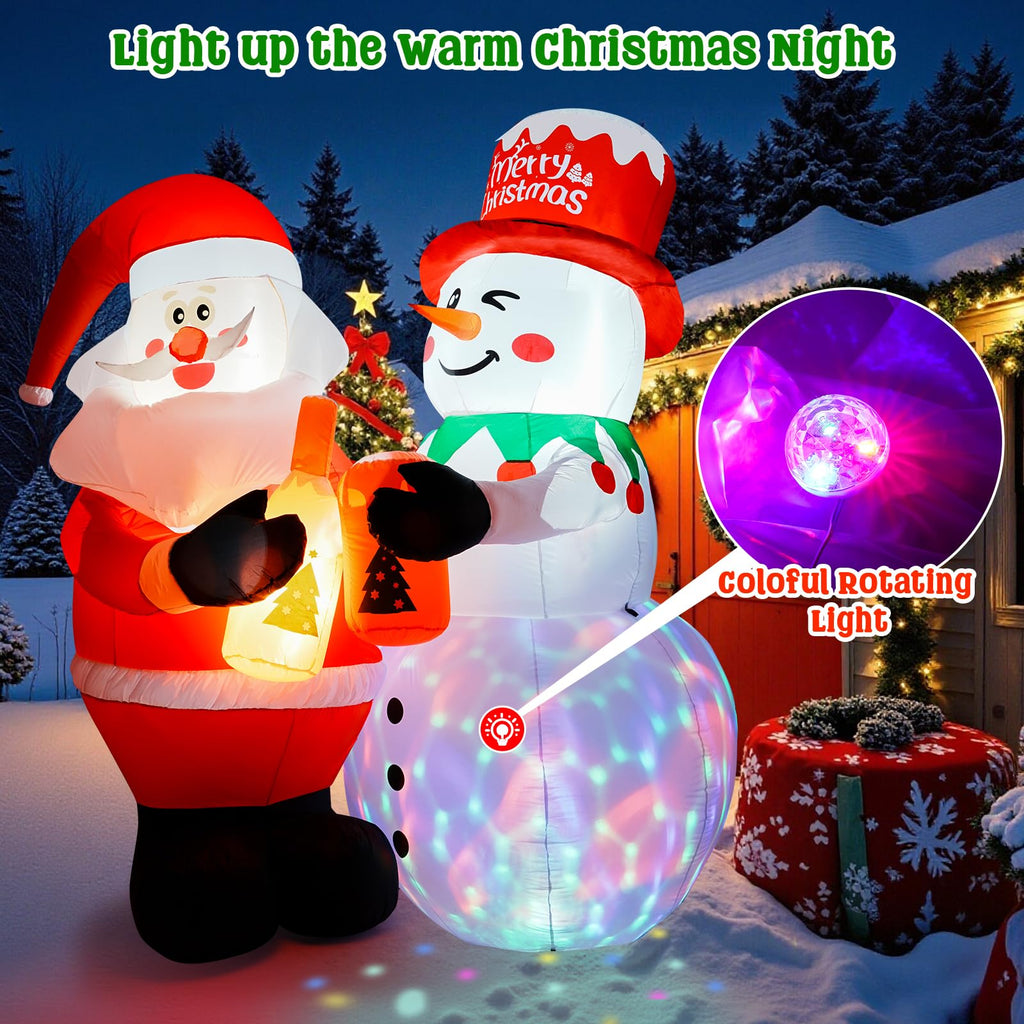 7FT Christmas Inflatable Outdoor Decoration, Inflatable Santa and Snowman Toasting with Light, Rotating Colorful LED