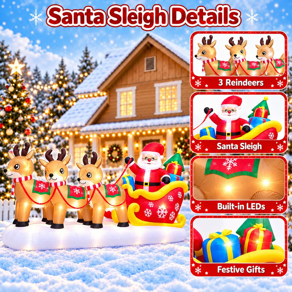 13FT Christmas Inflatable Santa Sleigh & 3 Reindeer with LED Lights