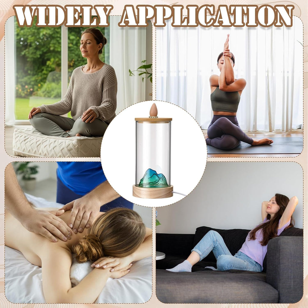 Glowing Backflow Incense Cone Burner with LED Lights Waterfall Incense Burner Holder Glass and Bamboo