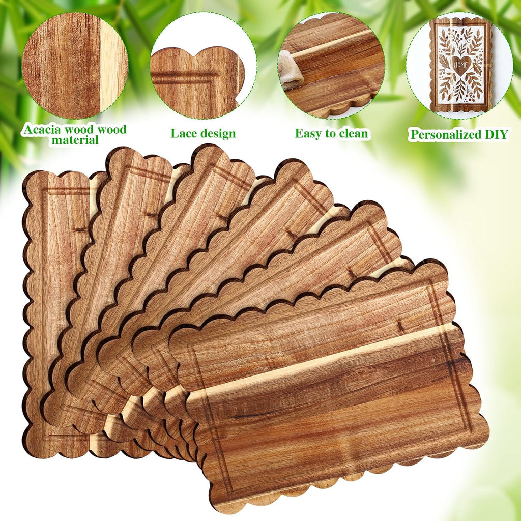 6 Pcs Acacia Wood Scalloped Charcuterie Trays Gift Set 12 x 10 Inch Wooden Serving Tray Cutting Board Bulk for Bread