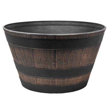 Timberline Rustic Barrel-Style Round Planter, 18in - Brown, Wood-Inspired Finish for Outdoor Patio and Garden Spaces
