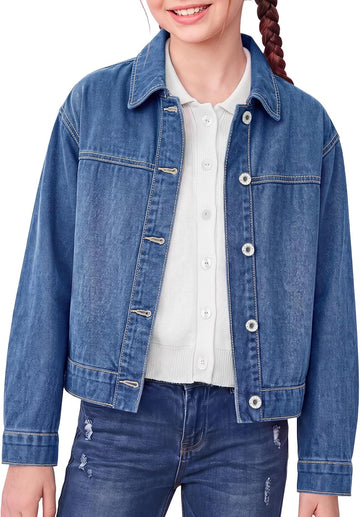 Girls Cropped Denim Jacket Front Button Collared Outerwear