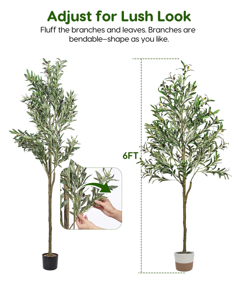 6FT Artificial Olive Tree Plants Indoor in Cotton Rope Basket with Natural Pebbles, Large Tall Faux Plant with