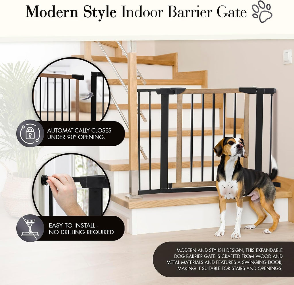 Logan Dog Gate - Indoor Pet Barrier and Wooden Dog Gate with Walk Through Swinging Door - Pressure Mounted for Walls