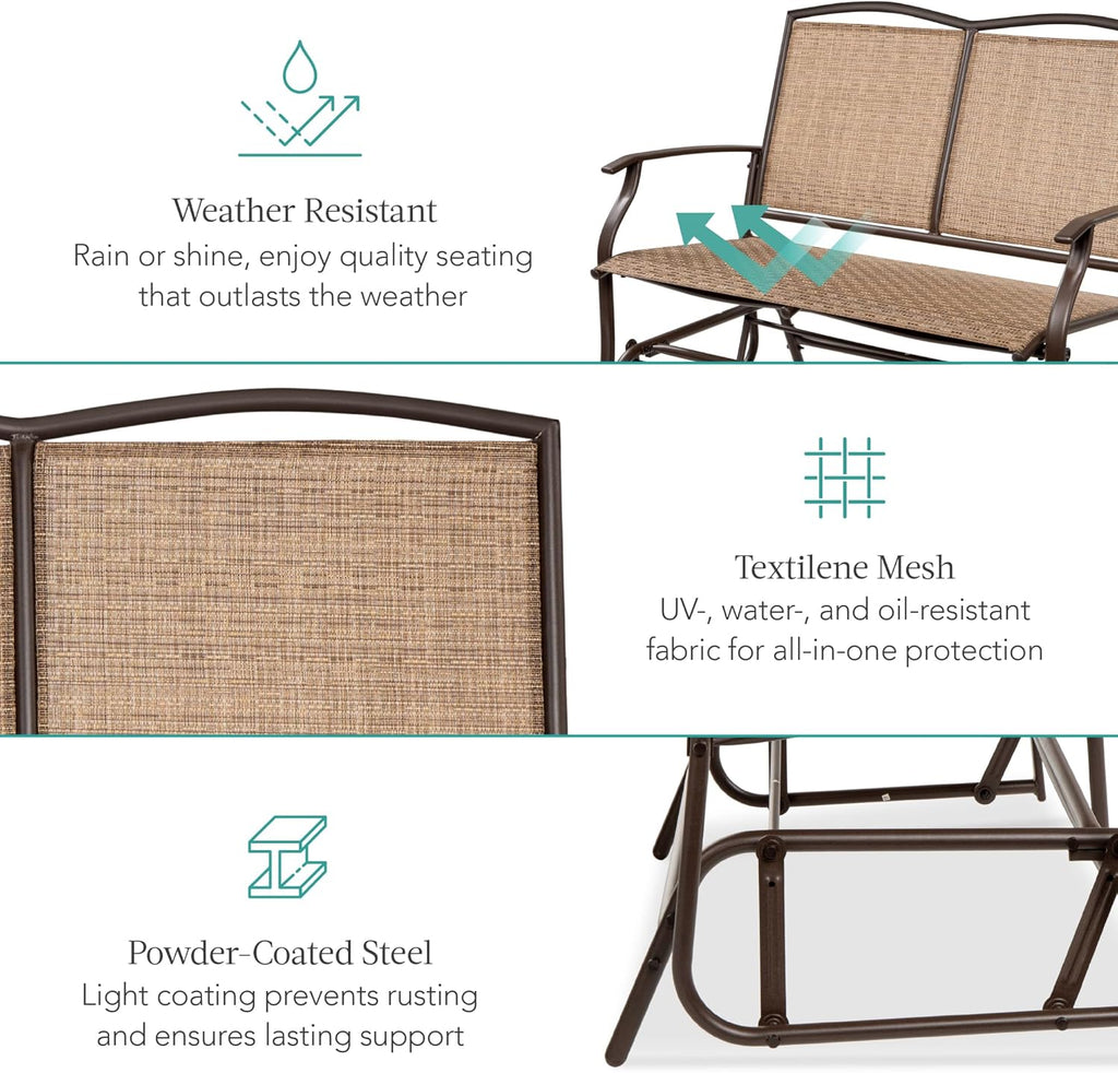 2-Person Outdoor Patio Swing Glider Steel Bench Loveseat Rocker for Deck, Porch w/Textilene Fabric, Steel Frame