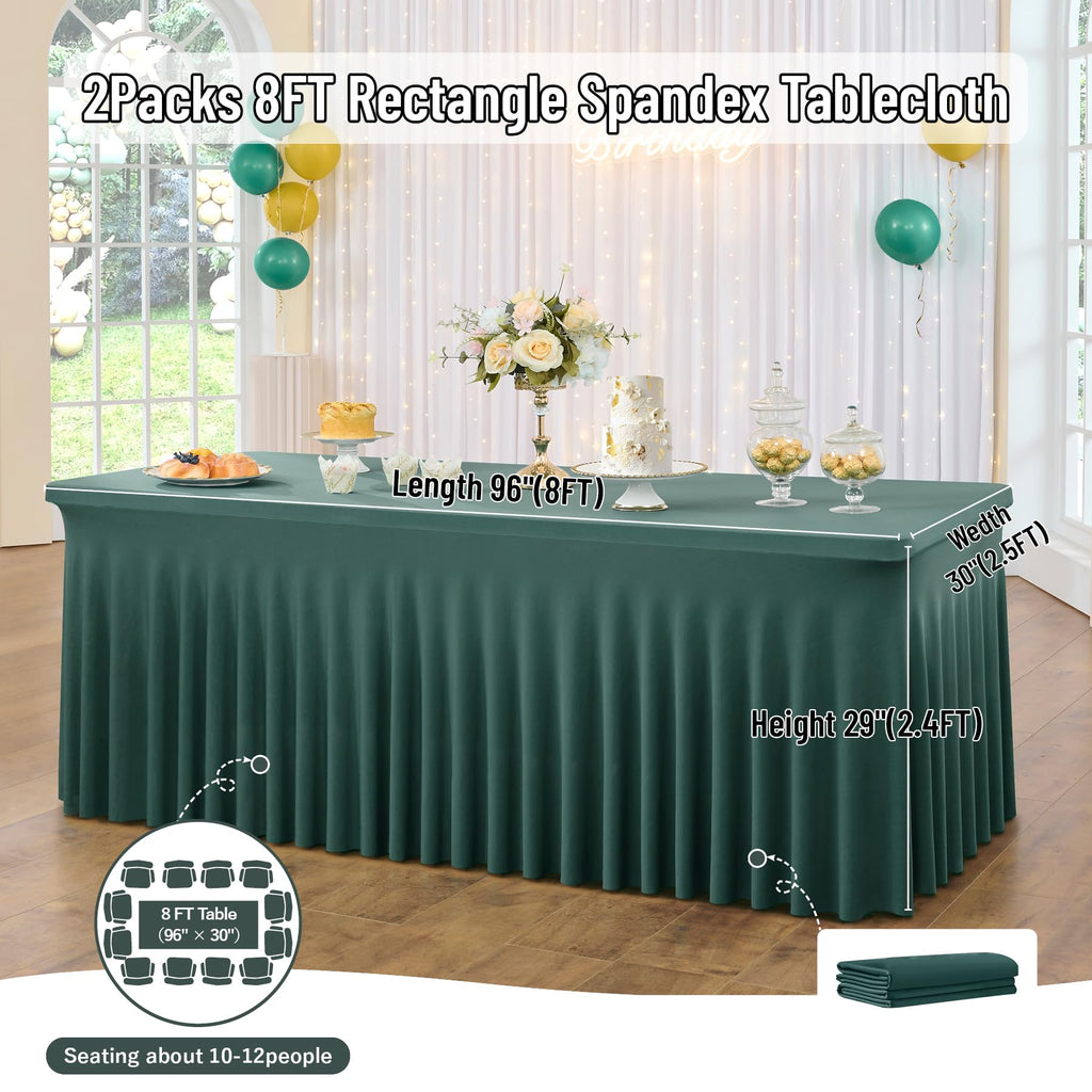 Hunter Green Spandex Table Clothes for 8 Foot Rectangle Tables, 2 Pack Wrinkle Free Rectangle Table Cloth 8ft Stretch