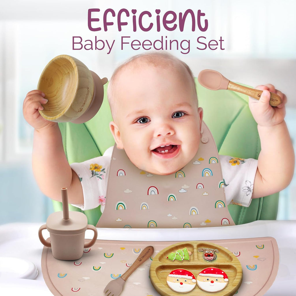 Silicone Baby Feeding Set: Bamboo Baby Plate and Bowl, Bib, Utensils, Cup & Placemat - Bamboo Kids Plates - Ideal