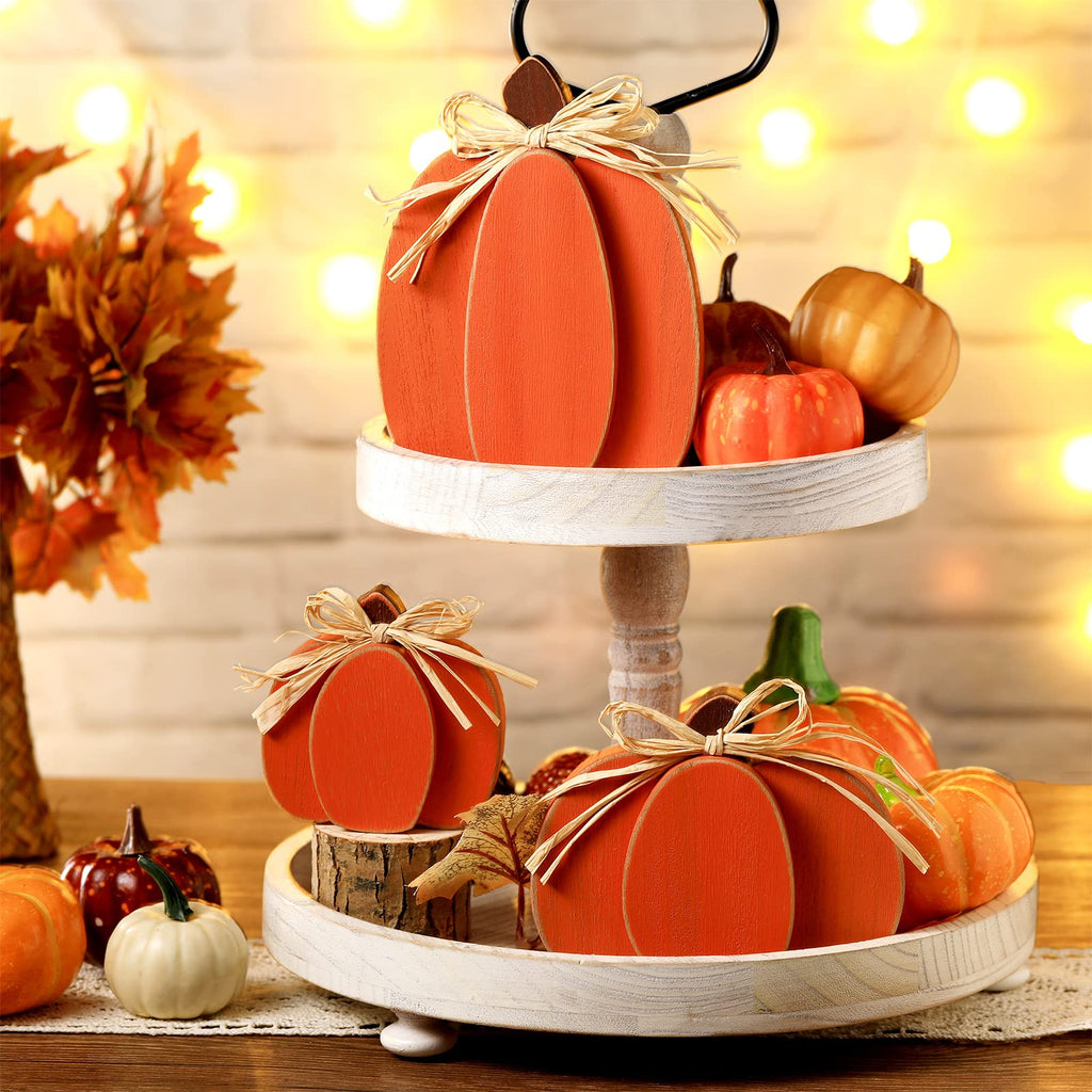 3 Pcs Fall Pumpkin Decor, 3D Wooden Pumpkin Tabletop Decor