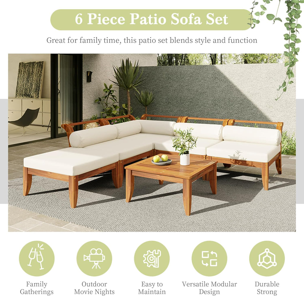 6 Piece Patio Sofa Set, Acacia Wood Outdoor Modular Sectional Garden Furniture Set, L-Shaped Conversation Set with