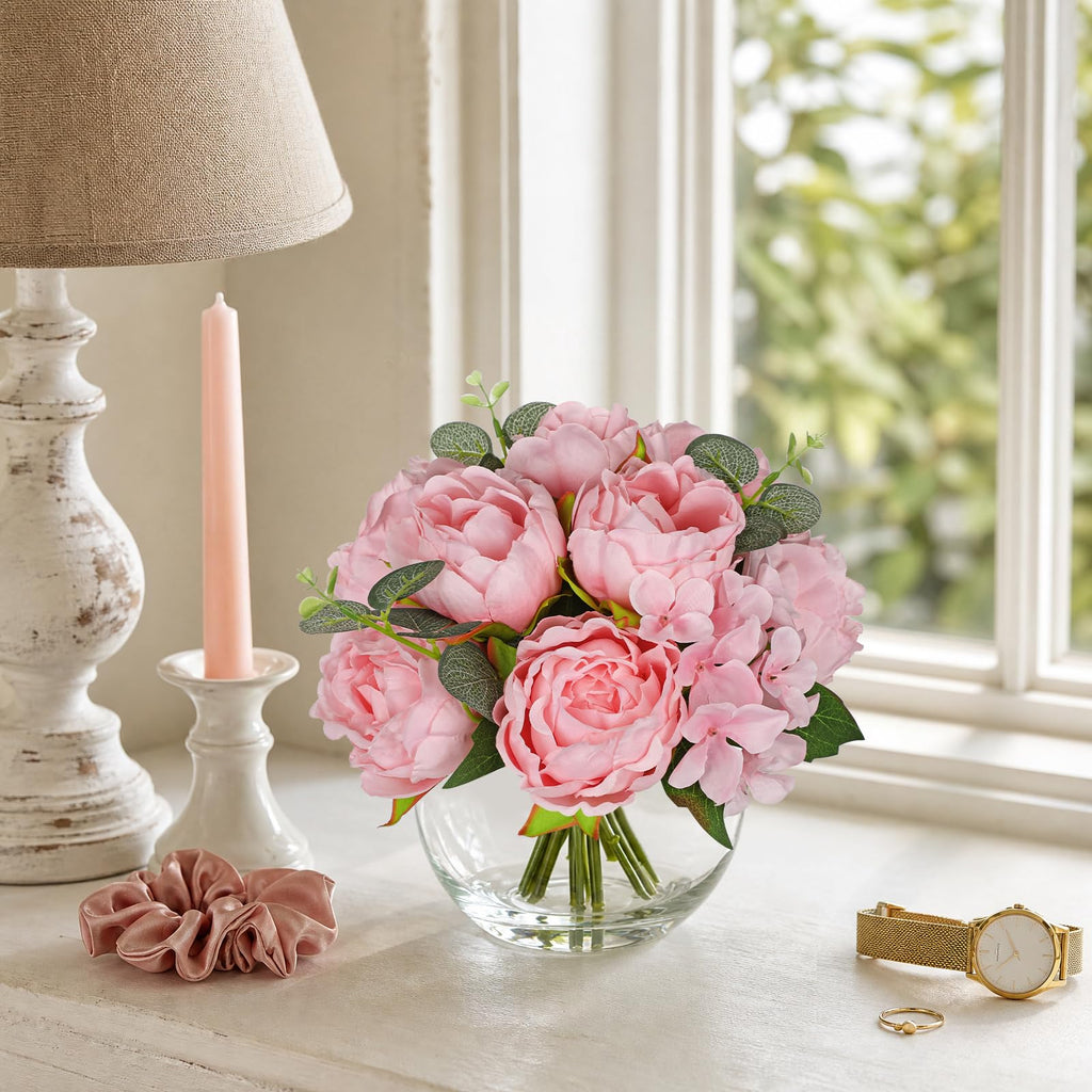 Pink Peonies Artificial Flowers in Vase Peony Fake Flowers Silk Flower Arrangements with Glass Vase with Faux Water