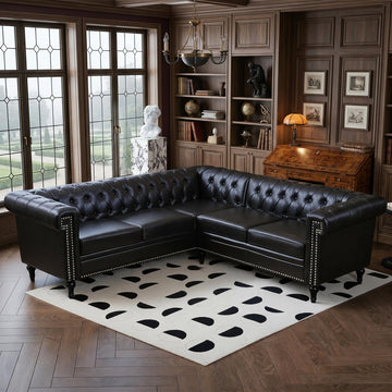 84" Chesterfield Sectional Sofa with Nailhead Trim, Tufted 5 Seat Faux Leather Couch, Modern L Shaped Sectional Couch