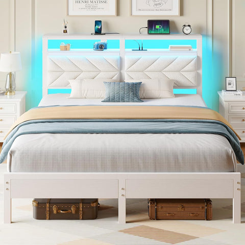 Bed Frame Full with Charging Station, LED Bed with Upholstered Storage Headboard