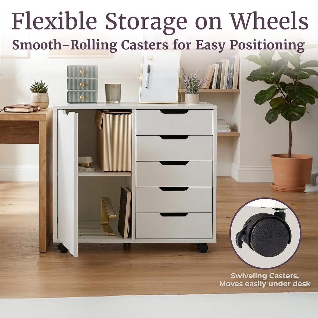 5 Drawer Office Storage Cabinet - Wooden Lateral File Cabinet with 5 Drawers, Door, and Adjustable Shelves - Rolling