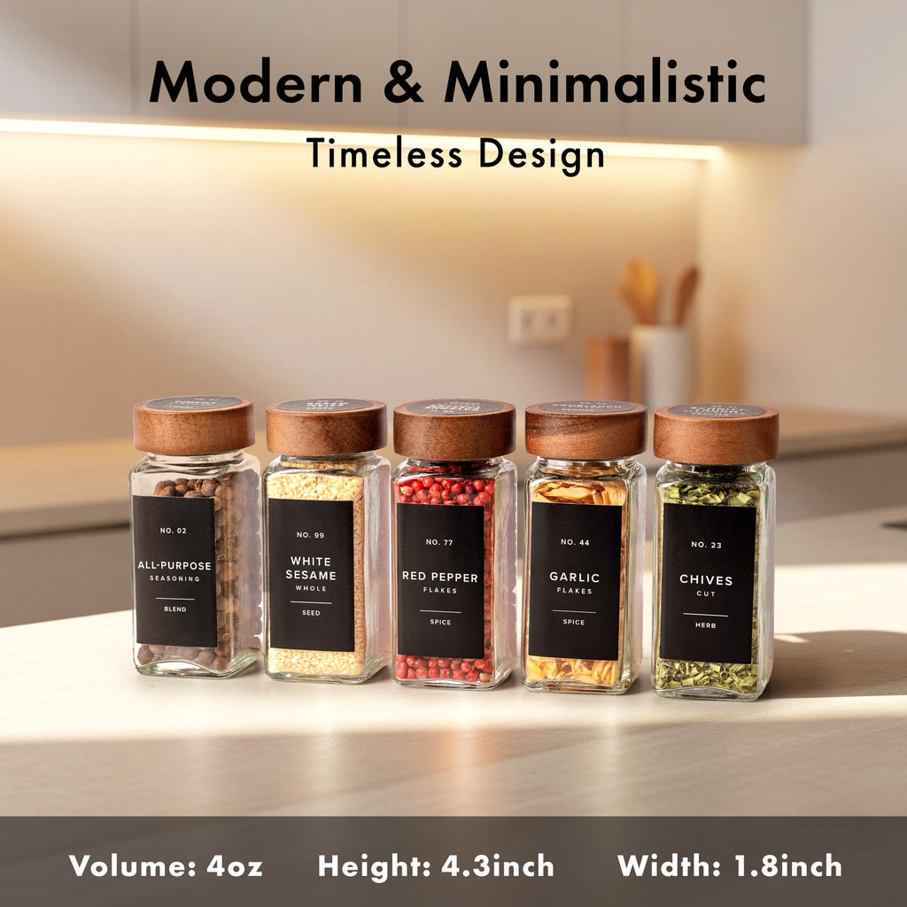 Glass Spice Jars with Label, 24x Acacia Wooden Lids - Black Labels