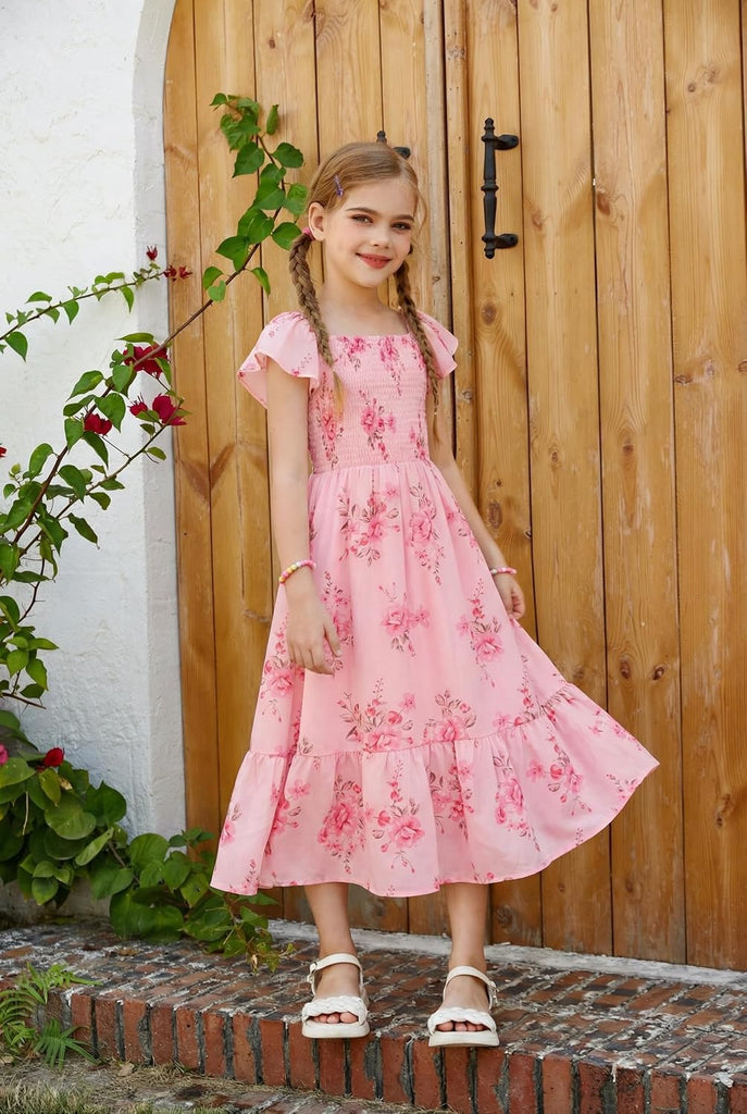 Girls Flutter Sleeve Floral Maxi Dress Spring Summer