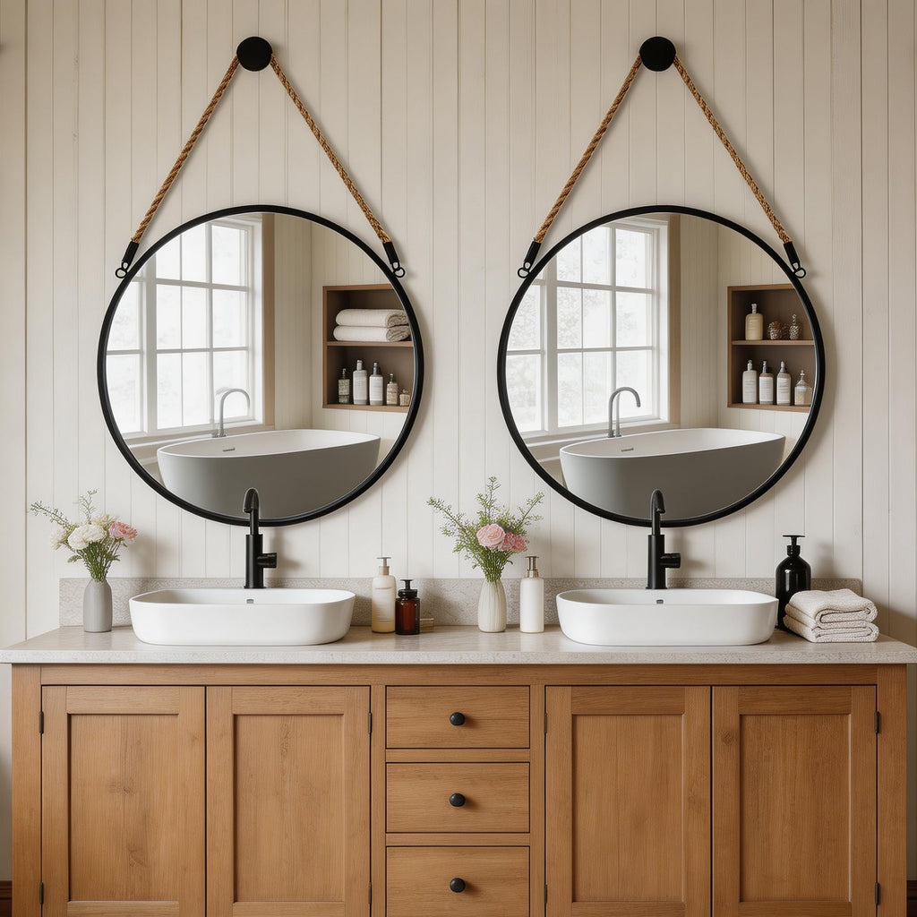 20" Round Wall Mirror with Jute Rope, Circle Hanging Mirror for Wall