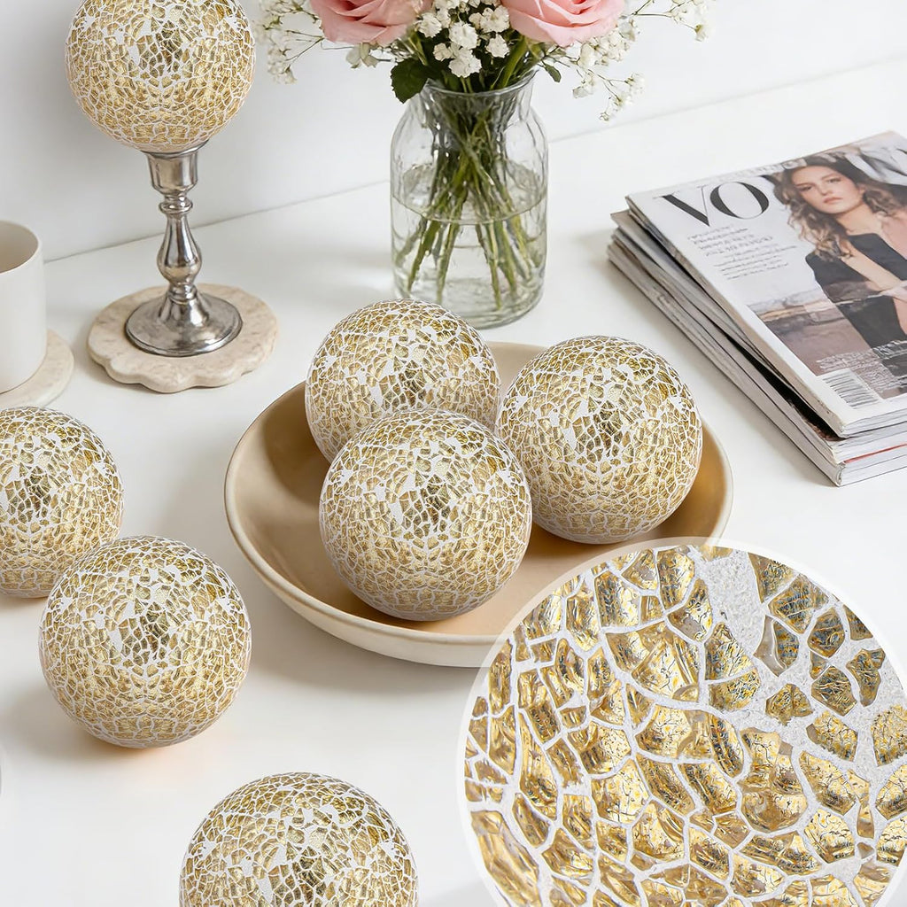 Gold Decorative Balls for Bowls 3.35inch Mosaic Glass Sphere - Set of 3