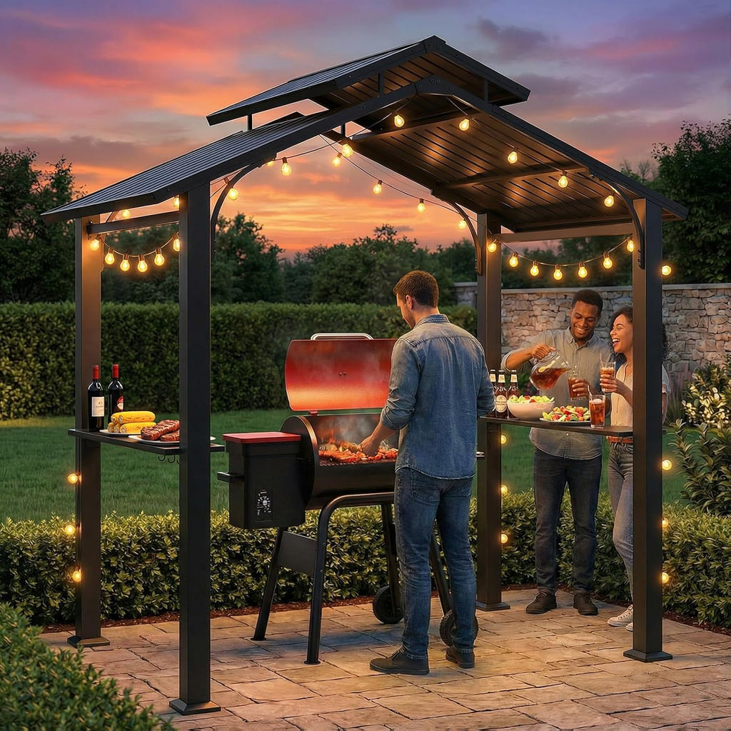 8 x 5FT Hardtop Grill Gazebo, Outdoor BBQ Gazebo w/Galvanized Steel Double Roof