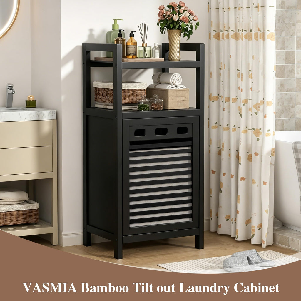 Tilt Out Laundry Hamper, Bamboo Laundry Storage Cabinet with Shelf, 10 Gal Hidden Laundry Basket Organizer, Laundry