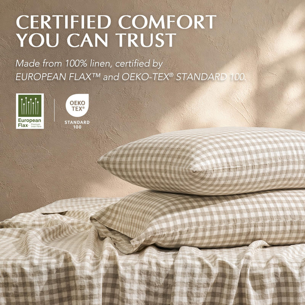 100% European Flax Linen Sheet Set, Natural Gingham
