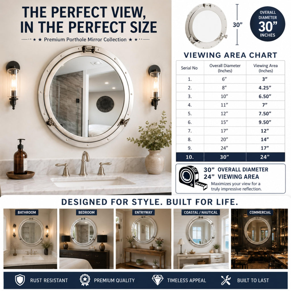 Metal Crafted Nickel Plated Aluminum Porthole Bathroom Decor Mirror (30 Inches)