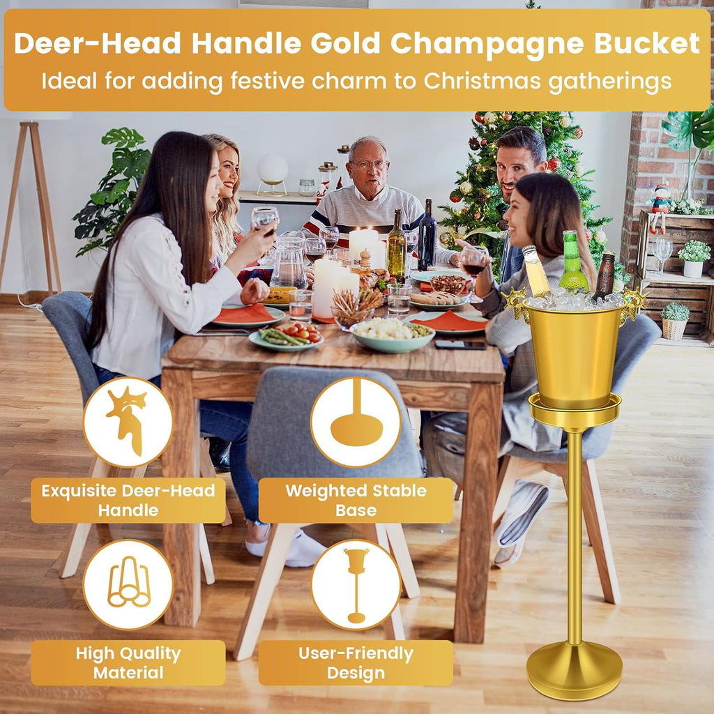 Ice Bucket with Stand,Gold Stainless Steel Champagne Ice Bucket,Deer Head Handle Wine Chiller Bucket for Christmas