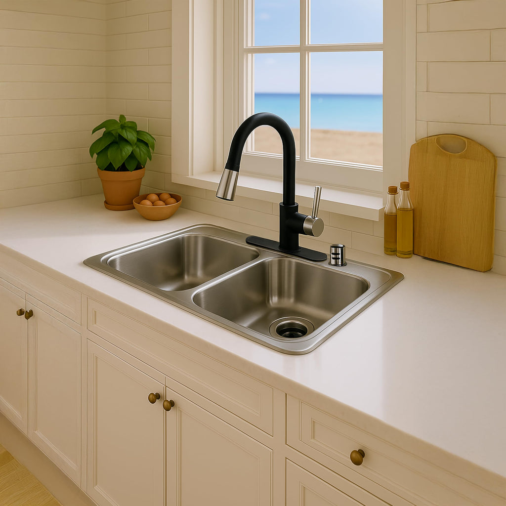 33-inch Stainless Steel Topmount 4-hole 50/50 Double Bowl 8-inch Deep Kitchen Sink