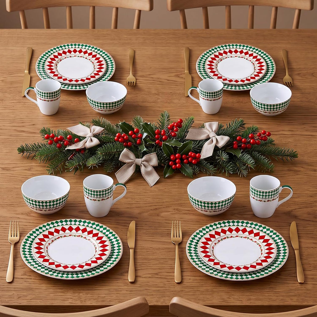 Christmas Argyle Real Gold Trim Porcelain Dinnerware Set,Service for 4