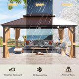 12' x 16' Gazebo Hardtop with Aluminum Frame,Galvanized Steel Double Roof Gazebos with Curtain and