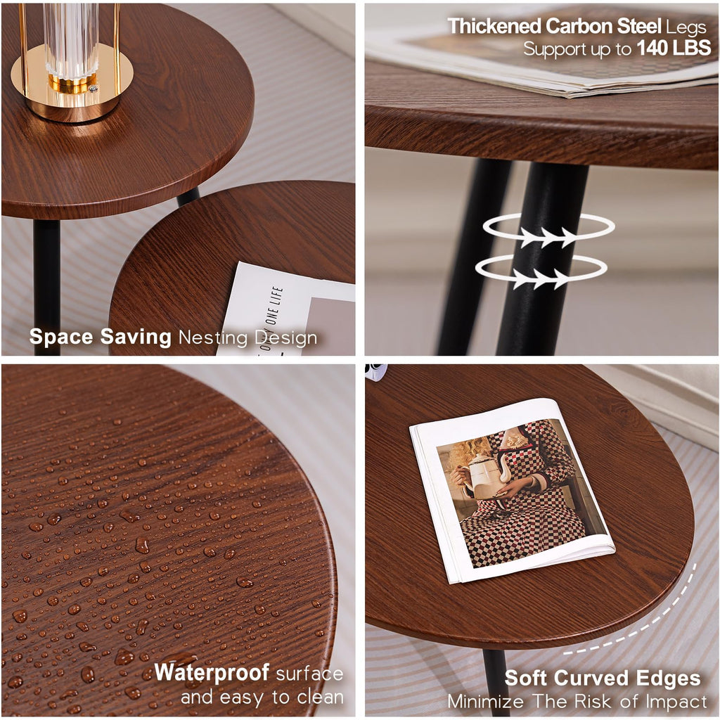 2 Pcs Small Oval Coffee, 31.5" Retro Walnut Coffee Tables Nesting Tables Set, Easy Assembly Mid Century Modern Coffee