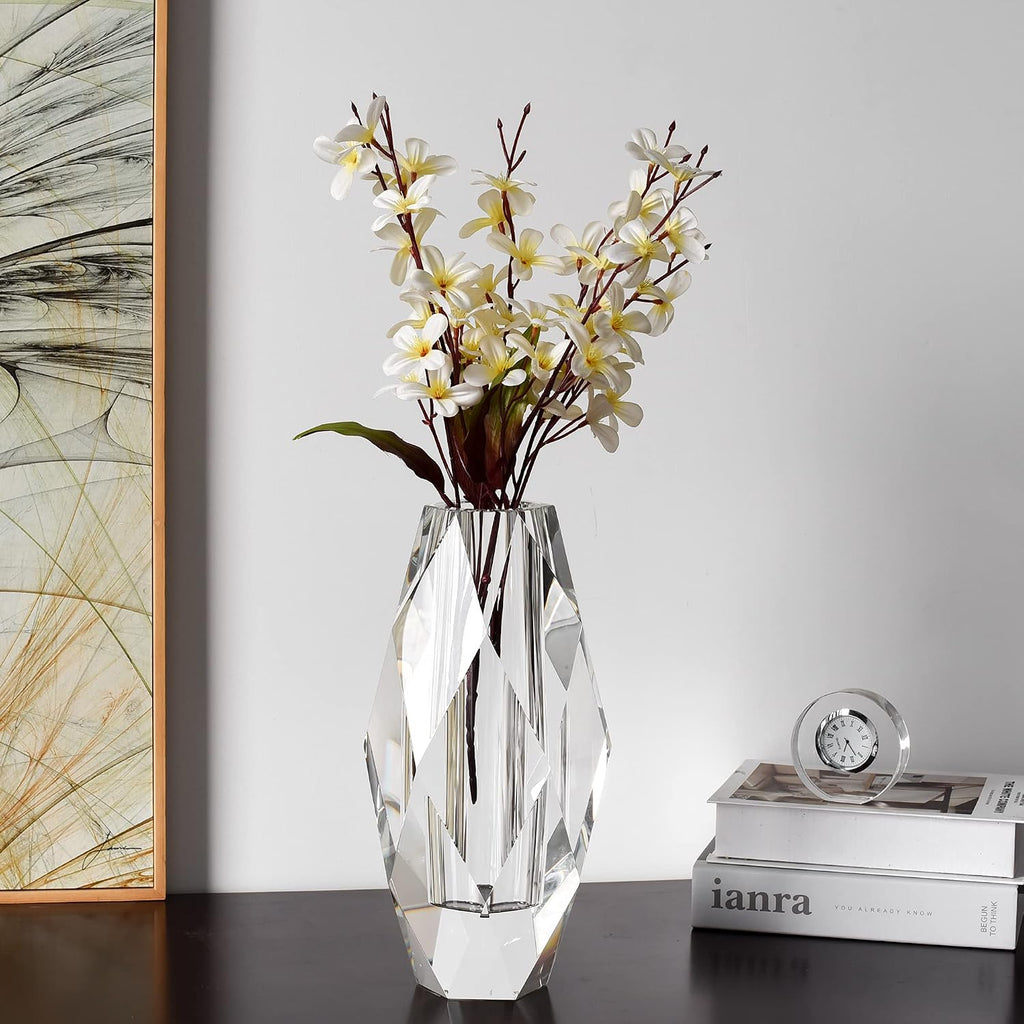 Crystal Vase for Flowers 12", Multi-Faceted Design Vase Christmas Decorations Wedding or Gift, Transparent Color with
