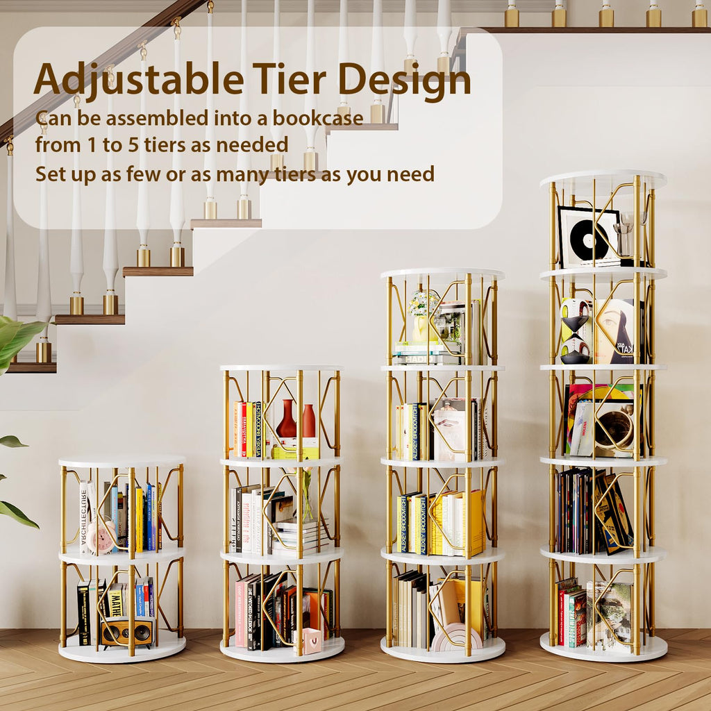 5 Tier Rotating Bookshelf Tower, Revolving Bookcase, Gold & White