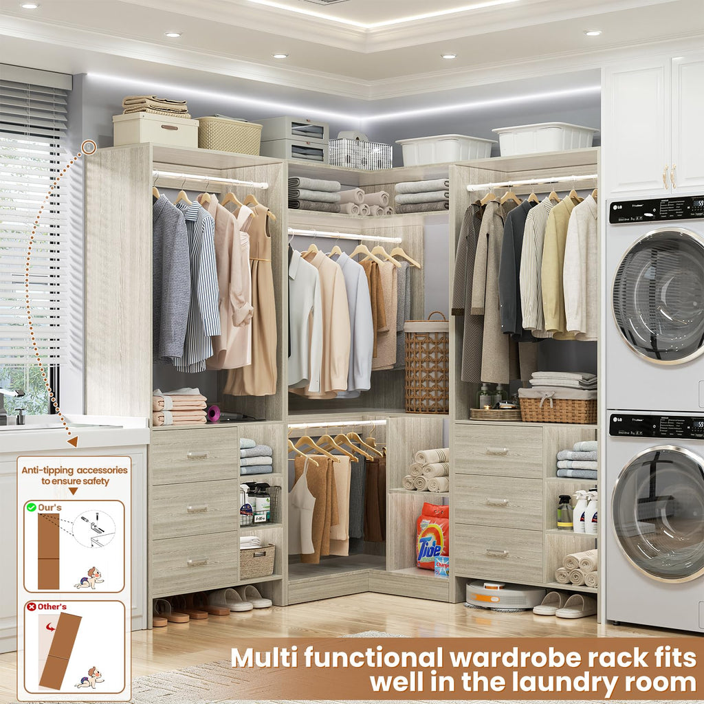 Closet System with 6 Drawers, 4 Hanging Rods & Corner Tower, Corner Closet System with Hanging,92.6" L-Shaped Walk-In