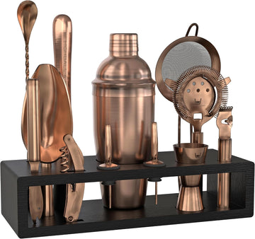 Bartender Kit with Espresso Bamboo Stand. Beautiful Cobbler Cocktail Shaker Set with Bar Tools Rustproof Stainless - Set of 13