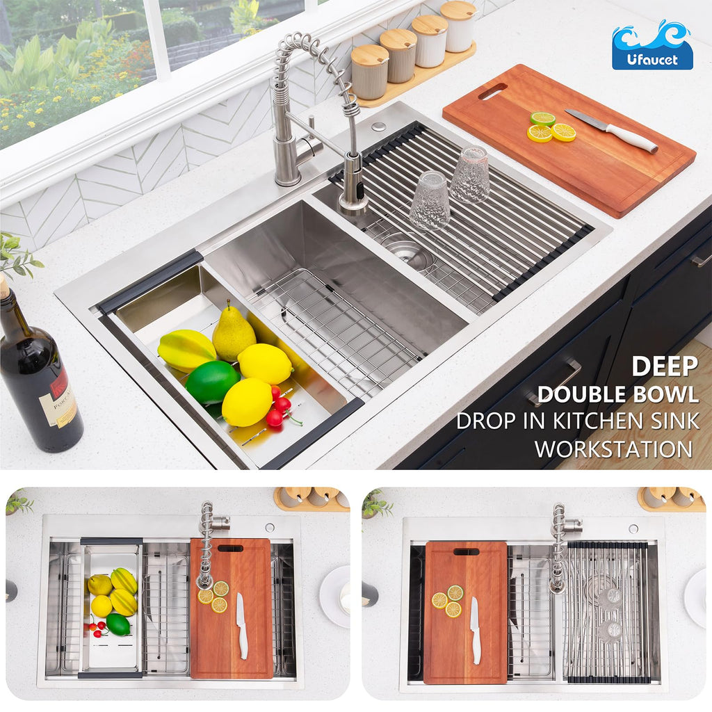 33x22 Inch 60/40 Double Bowl Kitchen Sink Drop In, 33 Inch Topmount Ledge Workstation Sink, 16 Gauge Stainless Steel
